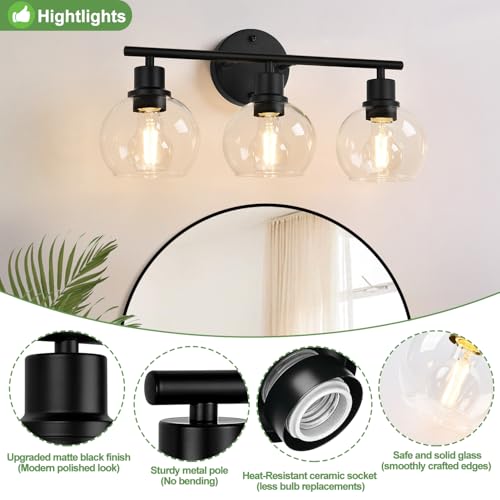 Indoi 3-Light Bathroom Vanity Light Fixture - Matte Black with Clear Glass Globes, Up & Down Mounting