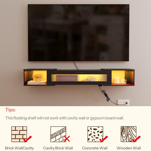 HOOBRO 55.1 Inch Floating TV Stand with LED Light & Power Outlets, Wall-Mounted Media Console for Up to 65" TVs, Black BK34UDDS01G1