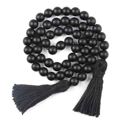 Wood Beads Garland with Tassels Farmhouse Rustic Prayer Boho Beads for Boho Home Decor, Wall Hanging Decoration (Black)