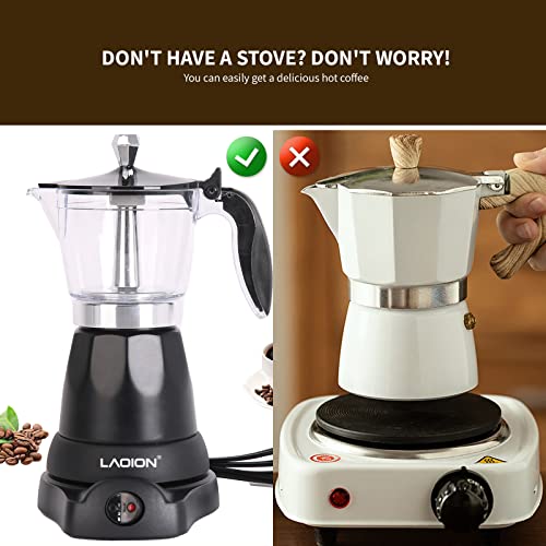 Electric Cuban Coffee Maker - 6-Cup Moka Pot with Transparent Top - Black