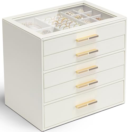 Cloud White 5-Layer Jewelry Box Organizer with Glass Lid for Women