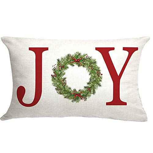 GTEXT Joy with Wreath Throw Pillow Cover Farmhouse Christmas Decor Cuhion Cover Buffalo Check Trees Pillow Cover Farm Decor 20x12 inch Outdoor Pillow Cushion,