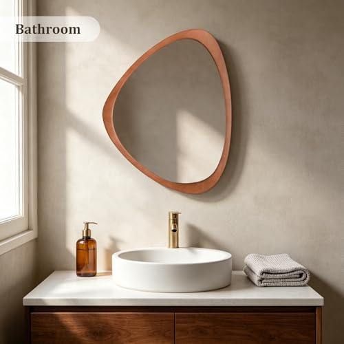Walnut Asymmetrical Wooden Wall Mirror - Pebble-Shaped Boho Mid Century Decor, 25 x 20 Inches