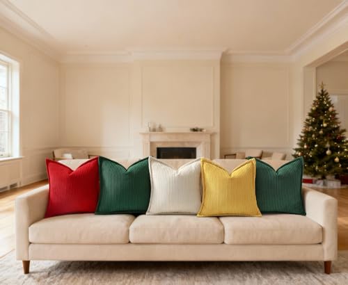 Mecatny 18x18 Corduroy Throw Pillow Covers, Set of 2, Christmas Green with Flange