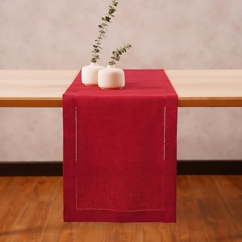 Red 100% Linen Table Runner 14 x 36 Inches with Hemstitch - Home Ekaa