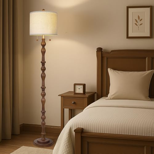 Dark Brown 65.5-Inch Real Wood Floor Lamp with Dual Pull Chain Switch