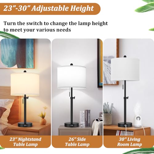 Kondras Adjustable Bedside Table Lamp Set - Black Base & White Shade, 23-30 Inches