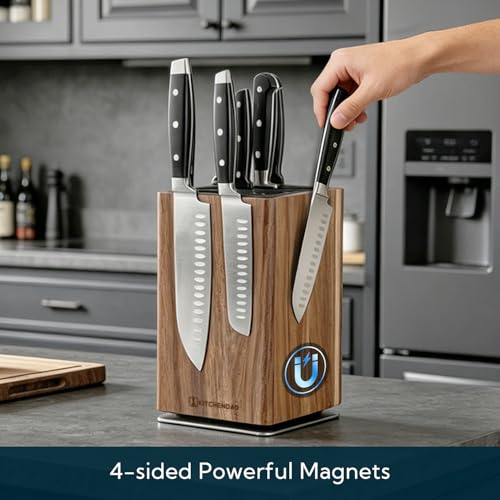 KITCHENDAO Magnetic Knife Block - Fixed Parallel Slot, 360° Rotary Acacia Wood, Large Capacity Kitchen Organizer