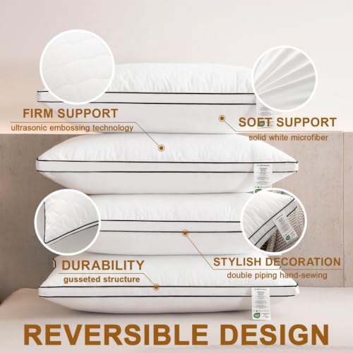 White Reversible Queen Bed Pillows Set of 4 - Firm One Side Soft Other | BEDTOVA