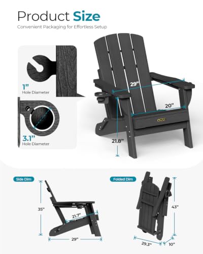 Black Folding Adirondack Chair with Cup Holders - All-Weather HDPE Outdoor Lounge Chair