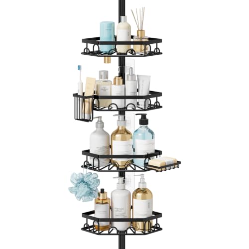 Consumest Black Tension Pole Shower Caddy - 4 Tier Corner Shelves with Brush & Soap Holder, Rustproof Stainless Steel, Adjustable 27.6-108.3 Inches