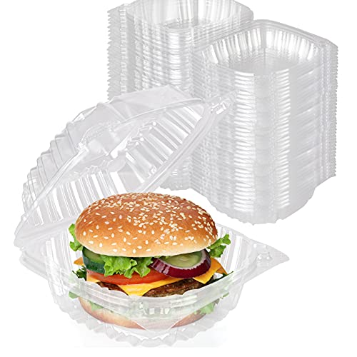 Disposable Plastic To Go Containers with Clear Lids - 5x5 Inch, 100 Pack - Hinged Square Clamshell Food Boxes for Takeout & Parties