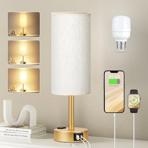 Fenmzee Cream Gold 14-inch Dimmable Bedside Touch Lamp with USB-C, USB-A & Outlet