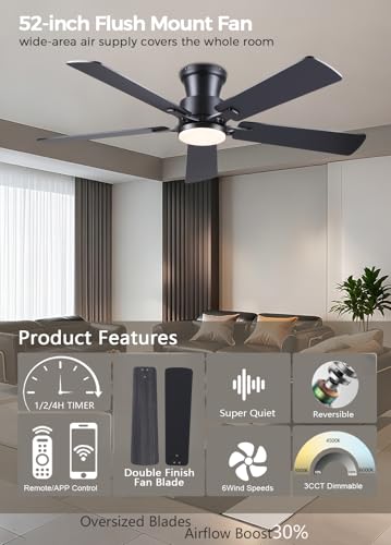 JSAITEE 52in Black Flush Mount Ceiling Fan with Remote & Dimmable LED Light