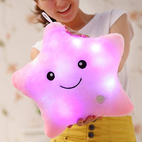 Creative Twinkle Glowing Stars Shape Plush Throw Pillow, LED Night Light Pillow Cushions Stuffed Toys Gifts for Kids, Christmas (Pink)