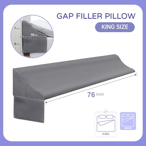 Vekkia King Size Bed Wedge Pillow 0-6 Inch Gap Filler for Headboard Grey 76x10x7