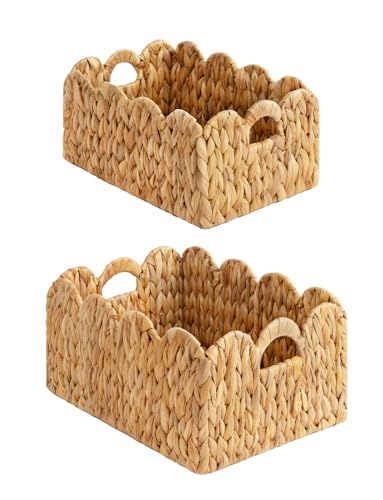 Natural Water Hyacinth Wicker Basket Set - Scalloped Edge Handwoven Storage Baskets with Handles - 15x11 Inches (Variation: Natural Water Hyacinth)