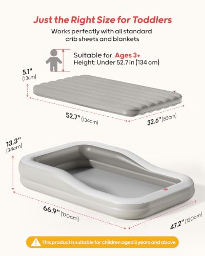 QPAU Inflatable Toddler Travel Bed with 3-Sided Bumpers, Extra Large Gray