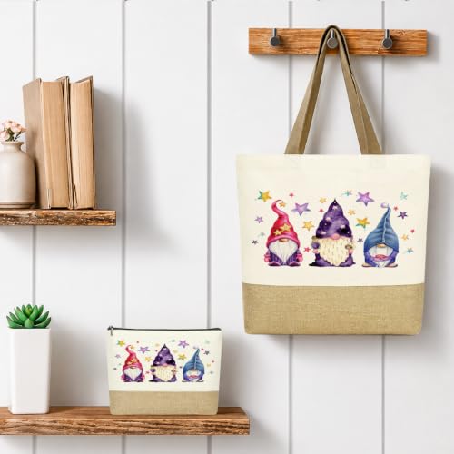 Wizard 1866 Watercolor Magic Gnomes Star Tote Bag & Makeup Bag Set - Jute Bottom