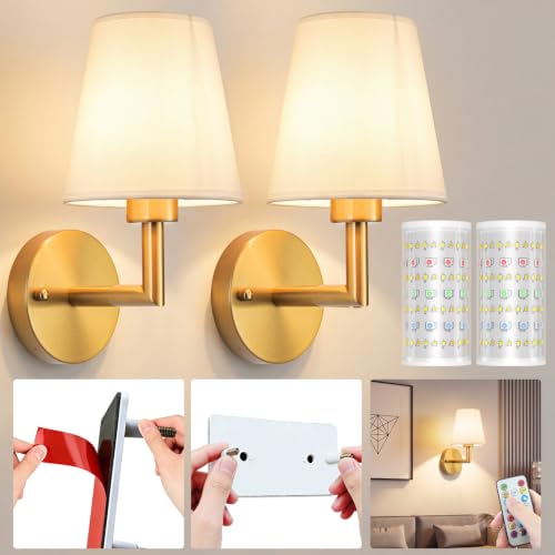 Brass 13-Inch Battery Operated Wall Sconce Set of 2 - Peel & Stick, Rechargeable RGB Dimmable Lights