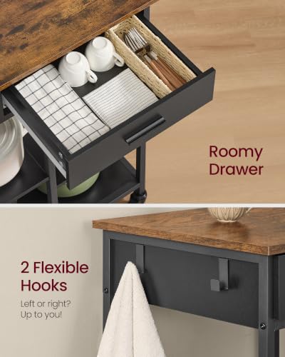 VASAGLE Rustic Brown & Ink Black Kitchen Island Cart with Storage, Drawer & Hooks, 17.7 x 23.6 x 35.4 inches