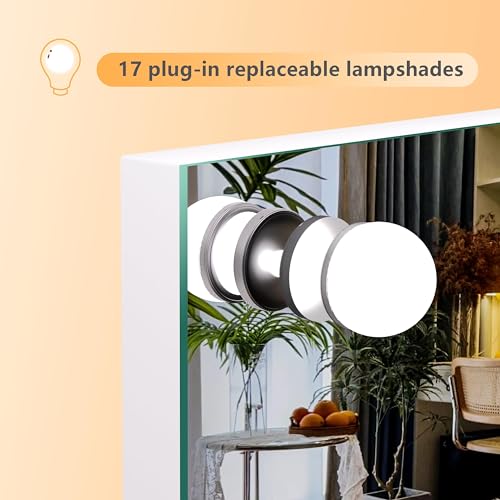 Hasipu 32x24 Inch White Hollywood Makeup Vanity Mirror with Lights, 17 Dimmable LED Bulbs & 10X Magnification