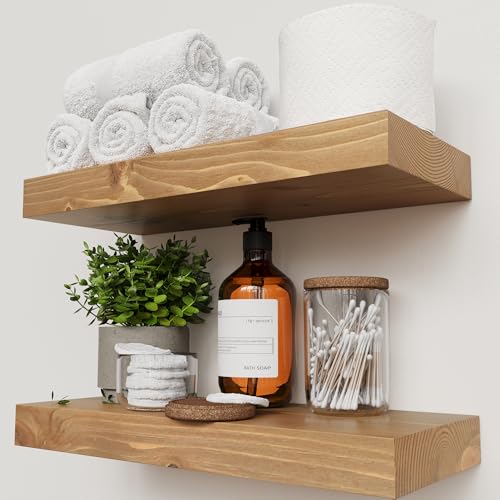 Gold Oak Floating Wall Shelves - 16 Inch Wooden Bathroom & Kitchen Shelves Set - BAOBAB WORKSHOP Variation