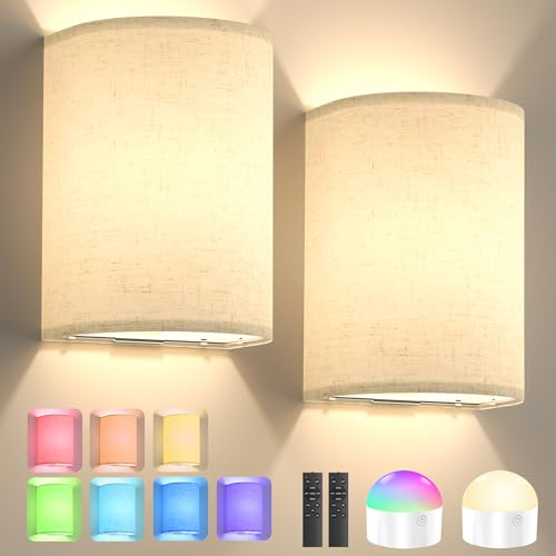 Yunaking Cream Rechargeable Wall Sconce Set of 2 with 10000mAh Battery & Dimmable RGB Light