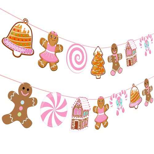 Gingerbread Christmas Decorations Pink Gingerbread Theme Banners 2PCS Christmas Candy Decor Gingerbread House Holiday Cuout Banners for Girls Xmas Birthday Baby Shower Supplies