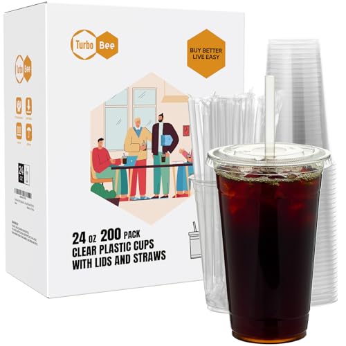 Turbo Bee 24 oz Clear Plastic Cups with Lids & Straws - 200 Disposable To Go Drinkware