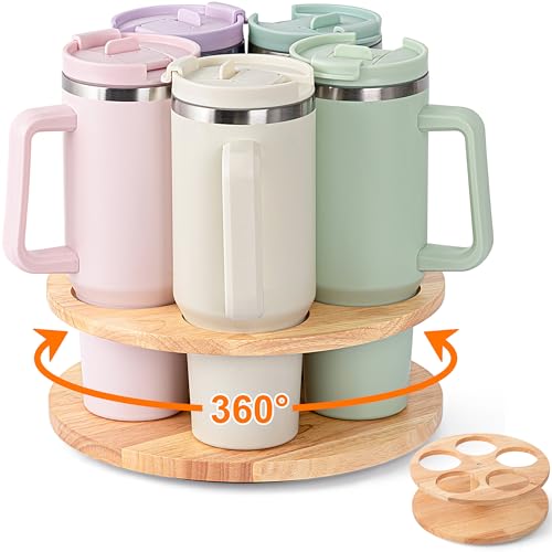 Water Bottle Organizer for Stanley Cups 20oz-40oz - Yellow - 360° Rotating Wooden Tumbler Holder
