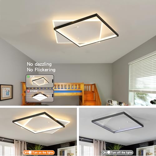 Square 1 Light Modern LED Ceiling Light Fixture - Dimmable Flush Mount 22" Black Bedroom Lighting with Remote