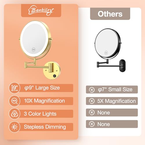 Benbilry 9" Wall Mounted LED Makeup Mirror with 10X Magnification, Gold, Corded