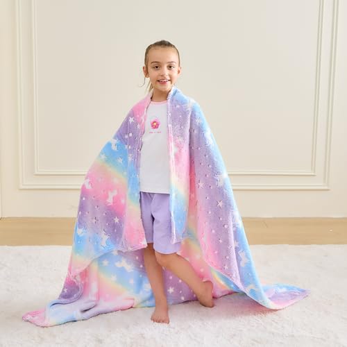 Wajade Unicorn Gifts for Girls - Glow in The Dark Unicorn Blanket Birthday Christmas Decor for Kids Age 3 4 5 6 7 8 9 10 11 12 Years Old Teens Child Toddler Throw Rainbow 50"x60"