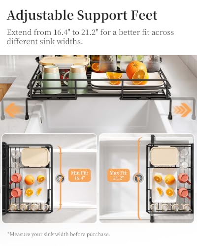 Black Expandable Dish Drying Rack for Kitchen Counter and Sink - Rust-Resistant Metal