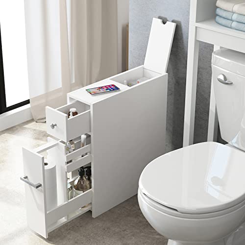 Spirich White Bathroom Storage Cabinet with Toilet Paper Holder - Narrow Floor Unit
