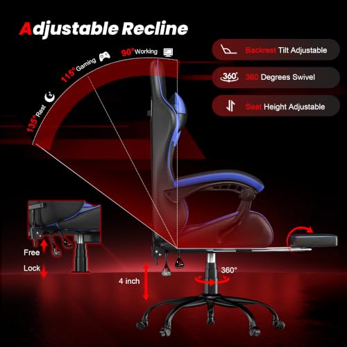 Blue Gaming Chair with Footrest, Ergonomic Video Game Chair for Adults