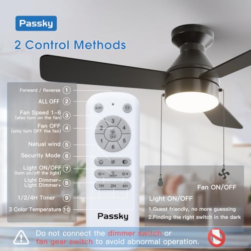 Passky 42 Inch Black Low Profile Ceiling Fan with Light Remote & Pull Chain