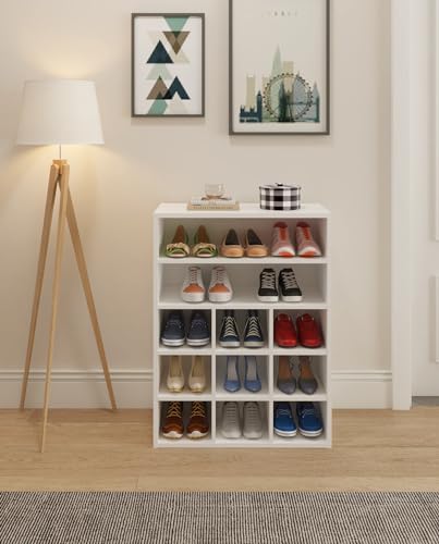 Stackable 9-Cube Shoe Organizer Rack with 2-Tier Shelf - White Wood Storage