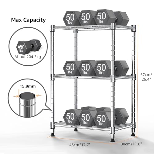 3-Tier Wire Storage Shelving Unit - Heavy Duty Steel Organizer, Chrome, 11.8"D x 17.7"W x 26.4"H