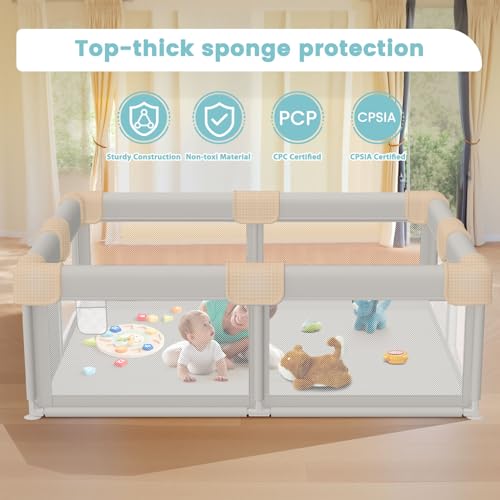 Baby Playpen 50x50x27 Inches with Gate - Grey, No Mat, Safe Indoor & Outdoor Play Area