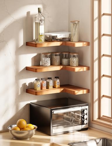 BATODA Acacia Wood Corner Floating Shelves Set of 2 17x12 Inch Wall Mount Storage