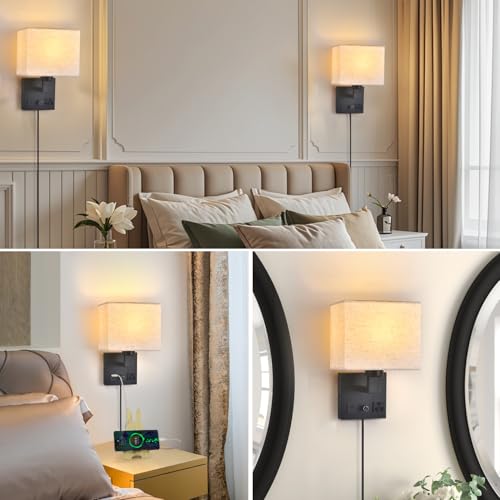 Black Wall Sconce Lamp with Fabric Shade and Dimmable Switch - Bedside Wall Light with USB & AC Outlet