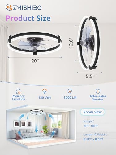 ZMISHIBO 20-Inch Black RGB Ceiling Fan with Lights Remote Control