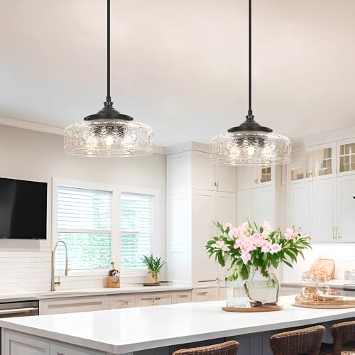 Daunton Black Patterned Glass 12in Farmhouse Pendant Light - Adjustable Kitchen Island & Bathroom Ceiling Fixture