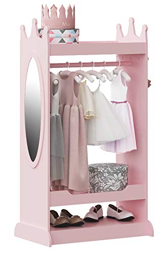 Kids Pink Dress Up Storage Closet with Crown Top & Mirror - Toddler Wardrobe