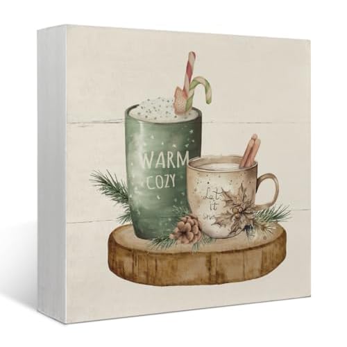 Christmas Decorations, Cute Room Decor Table Wood Box Sign, Warm and Cosy Let It Snow, Christmas Decorations Indoor, Farmhouse Rustic Wood Block Plaque for Home Desk Bedroom Decor 5x5