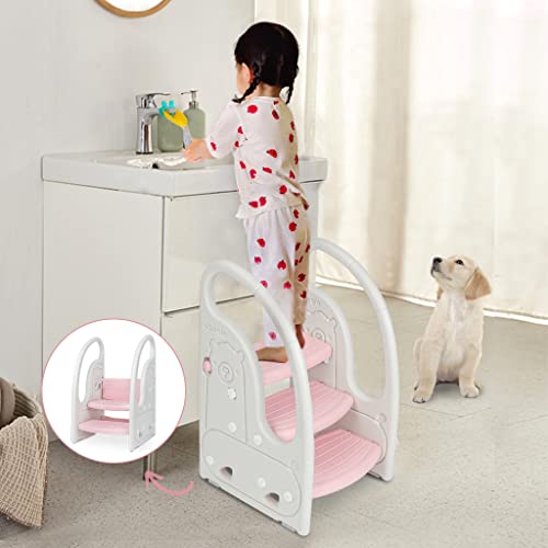 Pink Kids 3-Step Toddler Learning Tower Stool & Chair for Kitchen & Bathroom