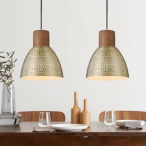 Medium Brass 2-Pack Hammered Pendant Light Fixtures - Vintage Metal & Solid Wood