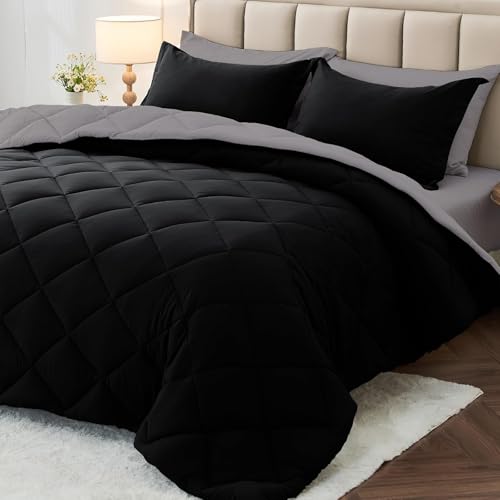 King Reversible Comforter Set 7 Pieces - Black and Soot Bed in a Bag, 104x90